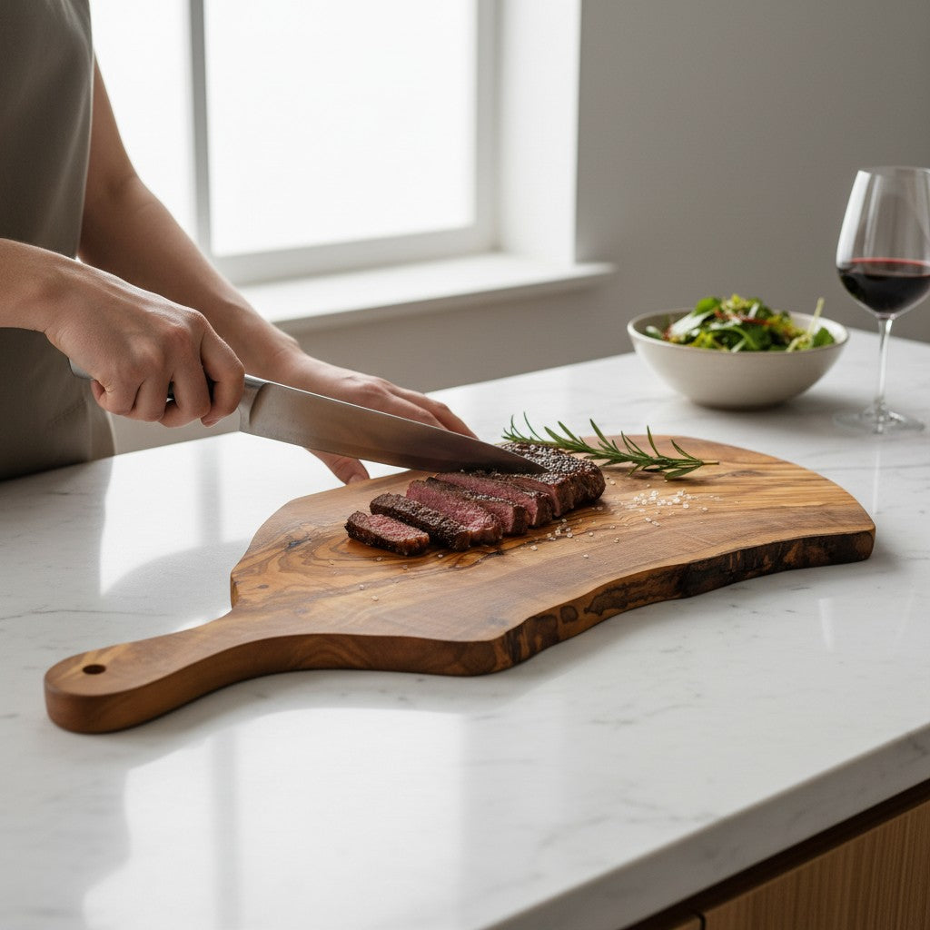 Handmade Olive Wood Live Edge Paddle Board with Handle | Rustic Freeform Charcuterie & Fruit Serving Board | Natural Grain | 30–40 cm