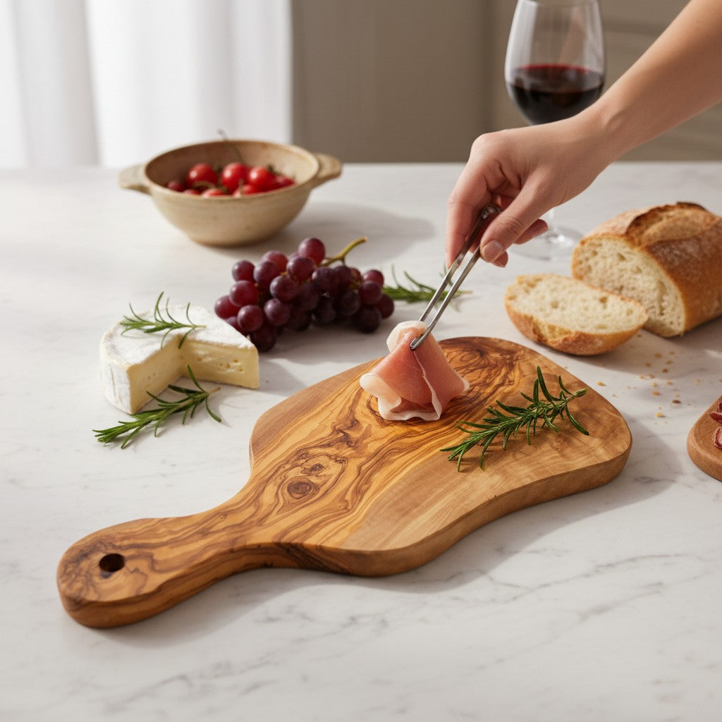 Olive Wood Small Charcuterie Board Wooden Serving Handmade Olive Wood Freeform Paddle Serving Board with Handle | Burl Knot Grain Fruit Cheese & Charcuterie Board | Unique Shape | 33–45 cmW/ Handle | Various Sizes