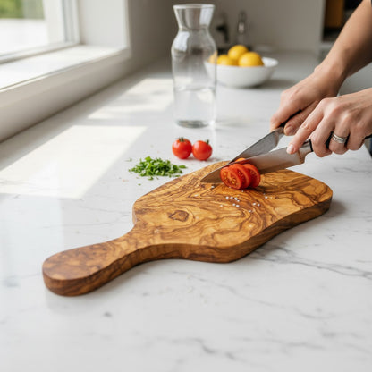 Olive Wood Small Charcuterie Board Wooden Serving Handmade Olive Wood Freeform Paddle Serving Board with Handle | Burl Knot Grain Fruit Cheese & Charcuterie Board | Unique Shape | 33–45 cmW/ Handle | Various Sizes