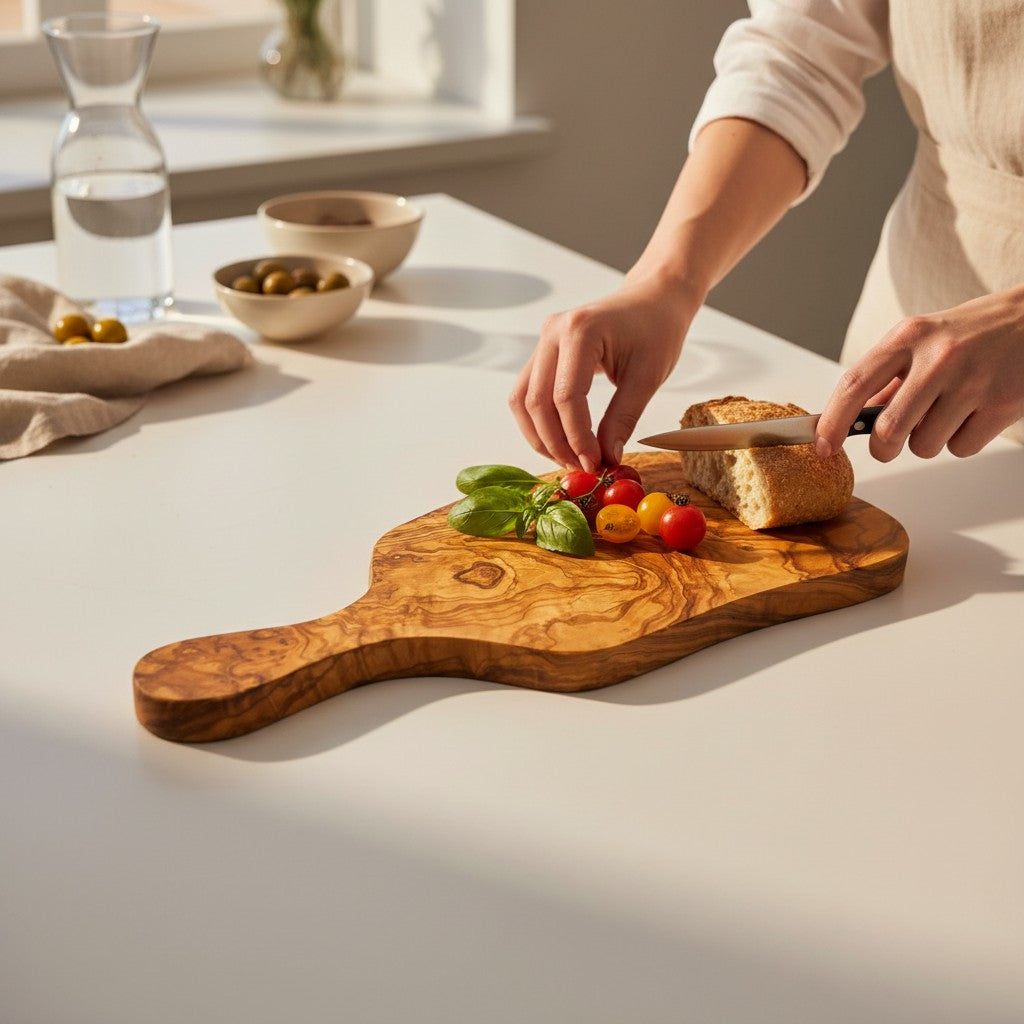 Olive Wood Small Charcuterie Board Wooden Serving Handmade Olive Wood Freeform Paddle Serving Board with Handle | Burl Knot Grain Fruit Cheese & Charcuterie Board | Unique Shape | 33–45 cmW/ Handle | Various Sizes