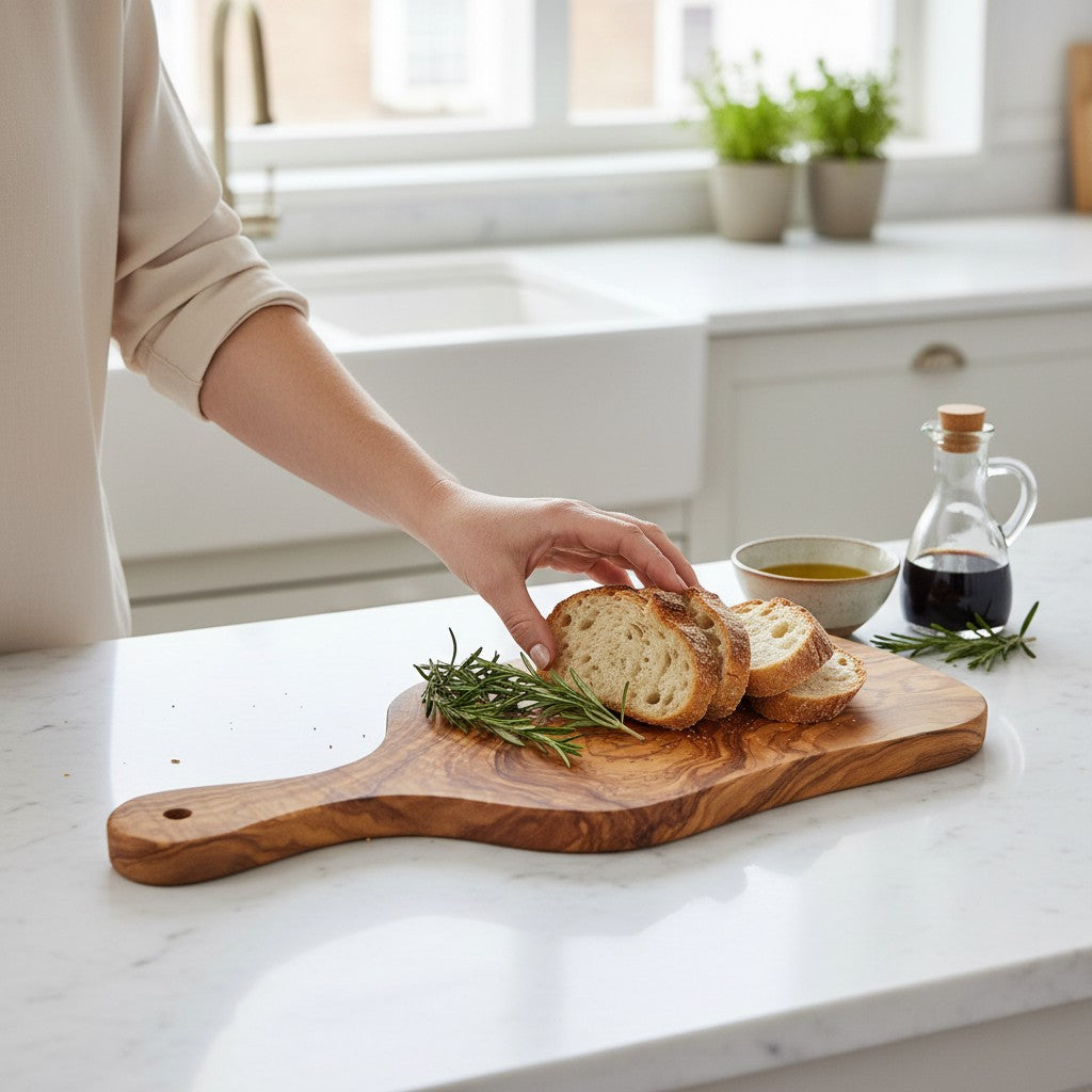 Olive Wood Small Charcuterie Board Wooden Serving Handmade Olive Wood Freeform Paddle Serving Board with Handle | Burl Knot Grain Fruit Cheese & Charcuterie Board | Unique Shape | 33–45 cmW/ Handle | Various Sizes