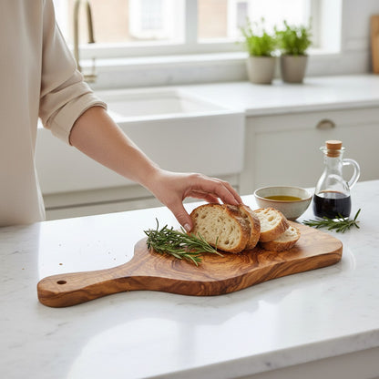 Olive Wood Small Charcuterie Board Wooden Serving Handmade Olive Wood Freeform Paddle Serving Board with Handle | Burl Knot Grain Fruit Cheese & Charcuterie Board | Unique Shape | 33–45 cmW/ Handle | Various Sizes
