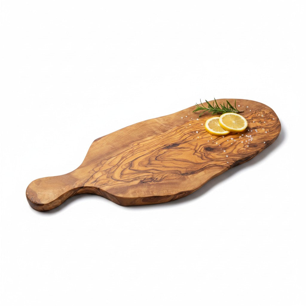 Handmade Olive Wood Teardrop Paddle Serving Board with Handle | Live Edge Charcuterie Cheese & Antipasti Board | Stunning Grain | 35–50 cm