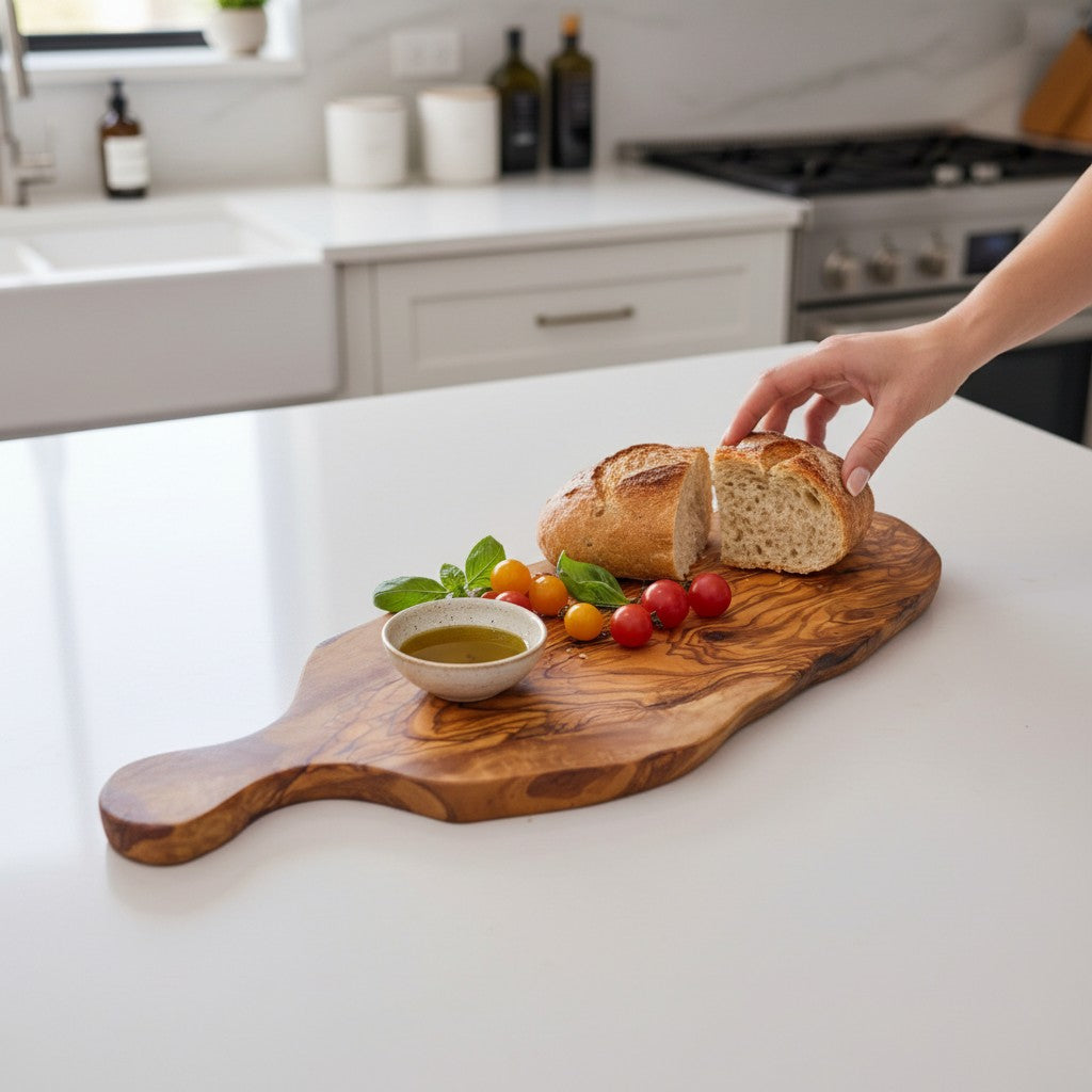 Handmade Olive Wood Teardrop Paddle Serving Board with Handle | Live Edge Charcuterie Cheese & Antipasti Board | Stunning Grain | 35–50 cm