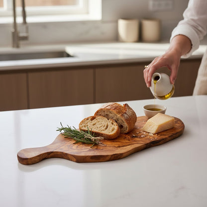 Handmade Olive Wood Teardrop Paddle Serving Board with Handle | Live Edge Charcuterie Cheese & Antipasti Board | Stunning Grain | 35–50 cm