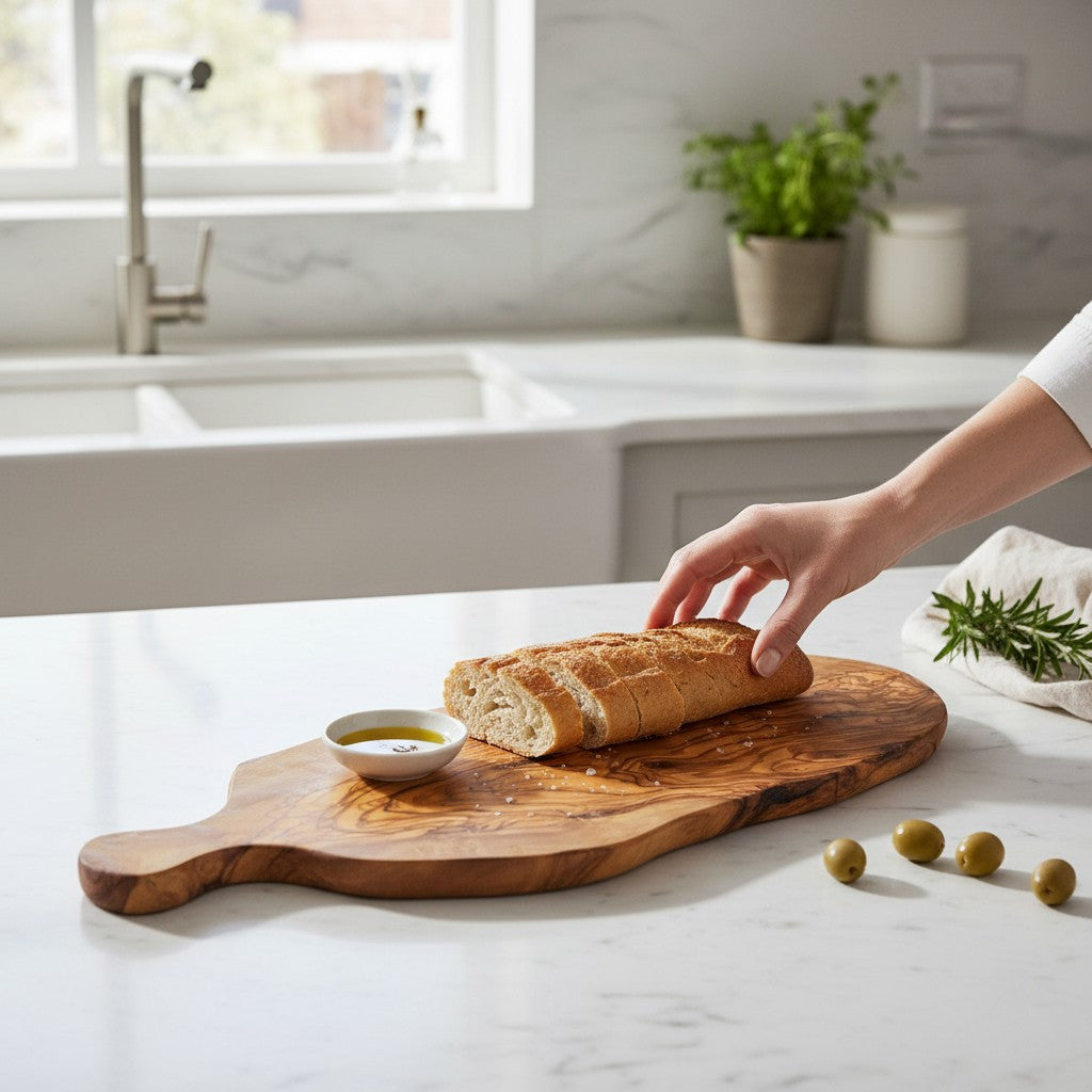 Handmade Olive Wood Teardrop Paddle Serving Board with Handle | Live Edge Charcuterie Cheese & Antipasti Board | Stunning Grain | 35–50 cm