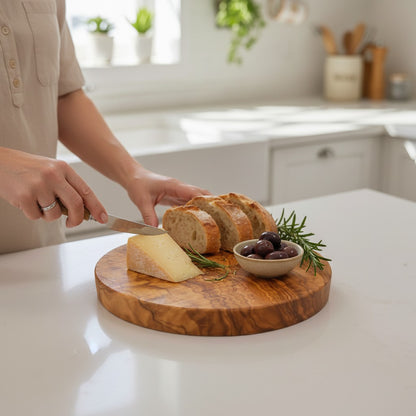 Handmade Round Olive Wood Cutting Board | Thick Circle Cheese & Serving Board | Stunning Natural Grain | 15–40 cm