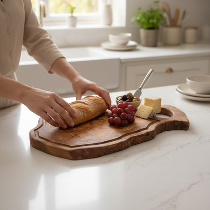 Handmade Olive Wood Burl Board with Handle & Juice Groove | Live Edge Freeform Charcuterie & Serving Board | Unique Grain | Multiple Sizes