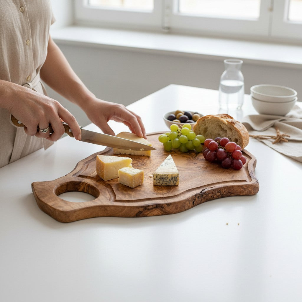 Handmade Olive Wood Burl Board with Handle & Juice Groove | Live Edge Freeform Charcuterie & Serving Board | Unique Grain | Multiple Sizes