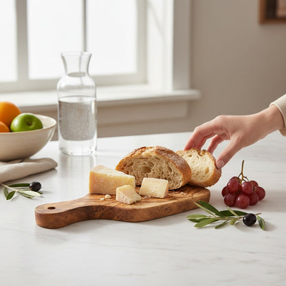 Handmade Olive Wood Paddle Cutting Board with Handle & Hanging Hole | Rustic Bread Herb Chopping & Serving Board | Natural Grain | 23–31 cm