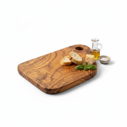 Handmade Olive Wood Cutting Board with Handle & Hanging Hole | Rustic Bread Cheese & Serving Board | Beautiful Natural Grain | 28 cm