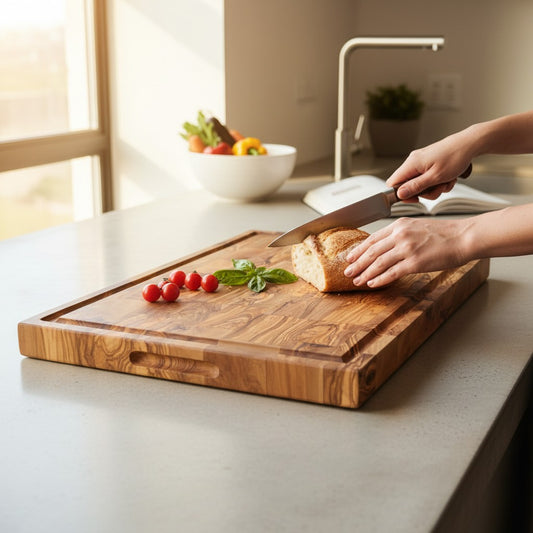Professional Rectangular End Grain Olive Wood Cutting Board - Heavy Duty Butcher Block with Juice Groove & Handles