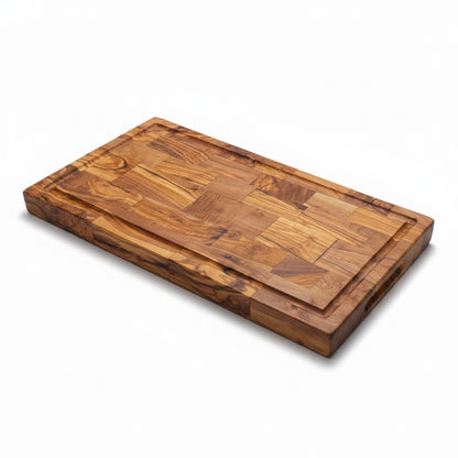 Professional Rectangular End Grain Olive Wood Cutting Board - Heavy Duty Butcher Block with Juice Groove & Handles