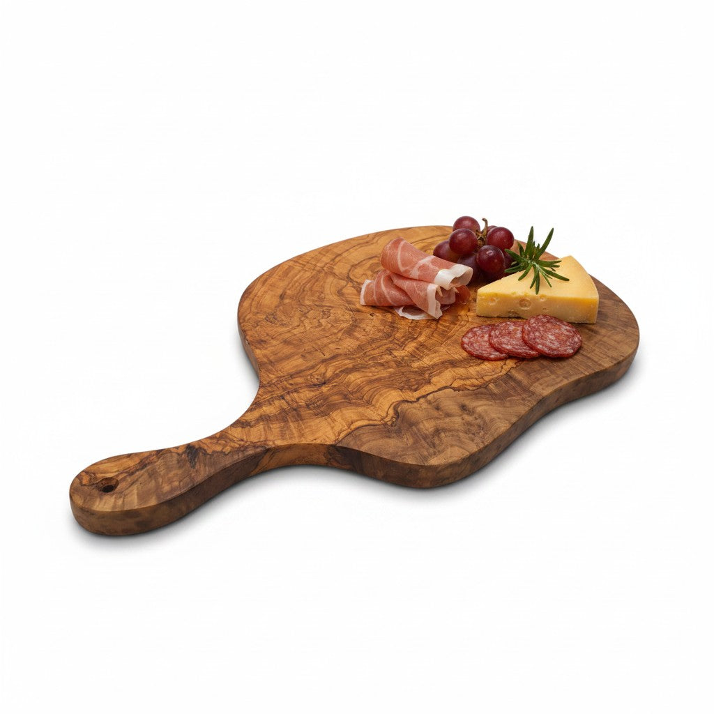 Handmade Olive Wood Round Freeform Charcuterie Board with Handle | Large Live Edge Cheese & Antipasti Serving Board | Bold Natural Grain | 33–46 cm