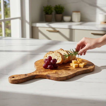 Handmade Olive Wood Round Freeform Charcuterie Board with Handle | Large Live Edge Cheese & Antipasti Serving Board | Bold Natural Grain | 33–46 cm