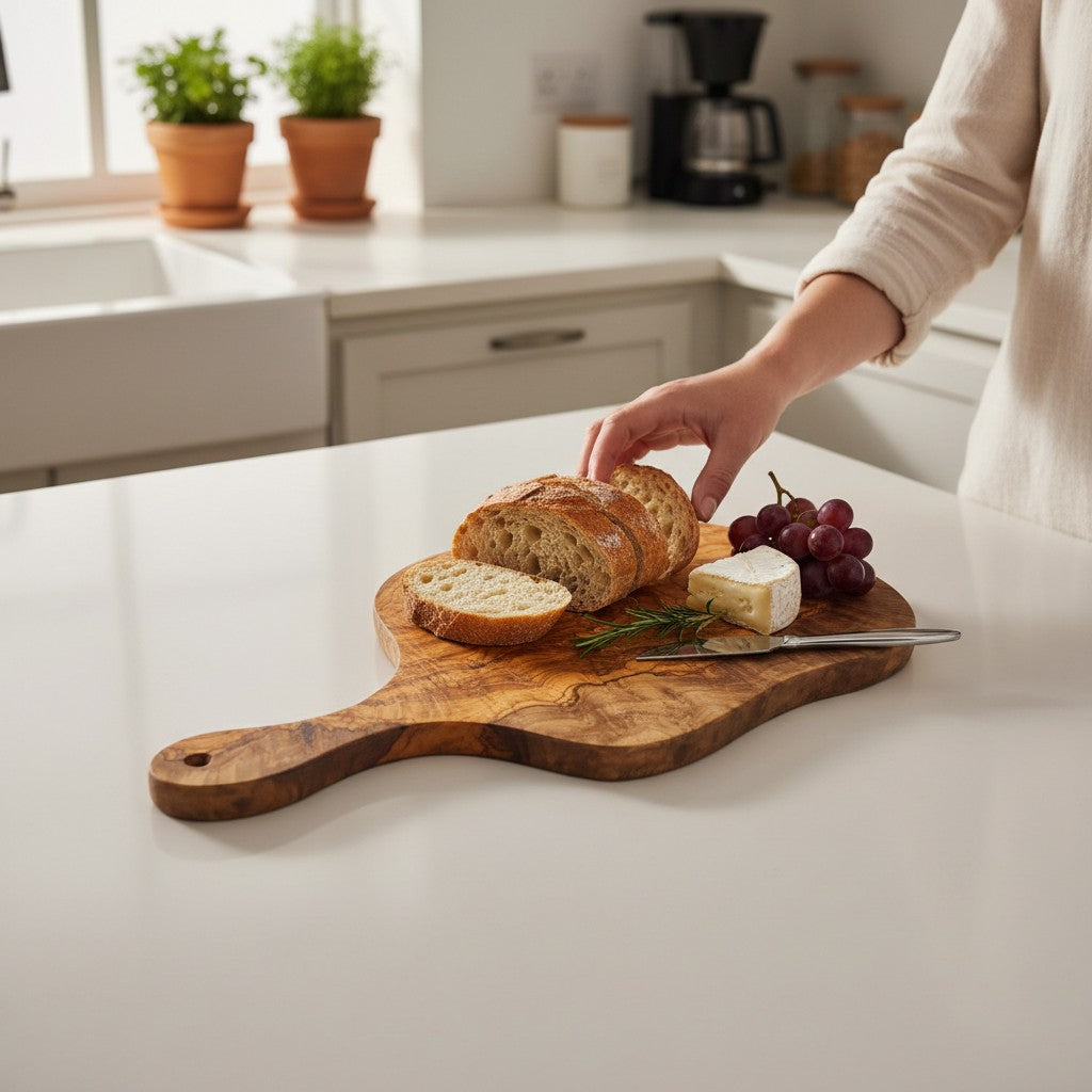 Handmade Olive Wood Round Freeform Charcuterie Board with Handle | Large Live Edge Cheese & Antipasti Serving Board | Bold Natural Grain | 33–46 cm