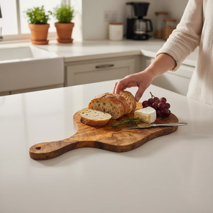 Handmade Olive Wood Round Freeform Charcuterie Board with Handle | Large Live Edge Cheese & Antipasti Serving Board | Bold Natural Grain | 33–46 cm