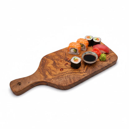 Handmade Olive Wood Paddle Cutting Board with Handle & Hanging Hole | Rustic Bread Herb Chopping & Serving Board | Natural Grain | 23–31 cm