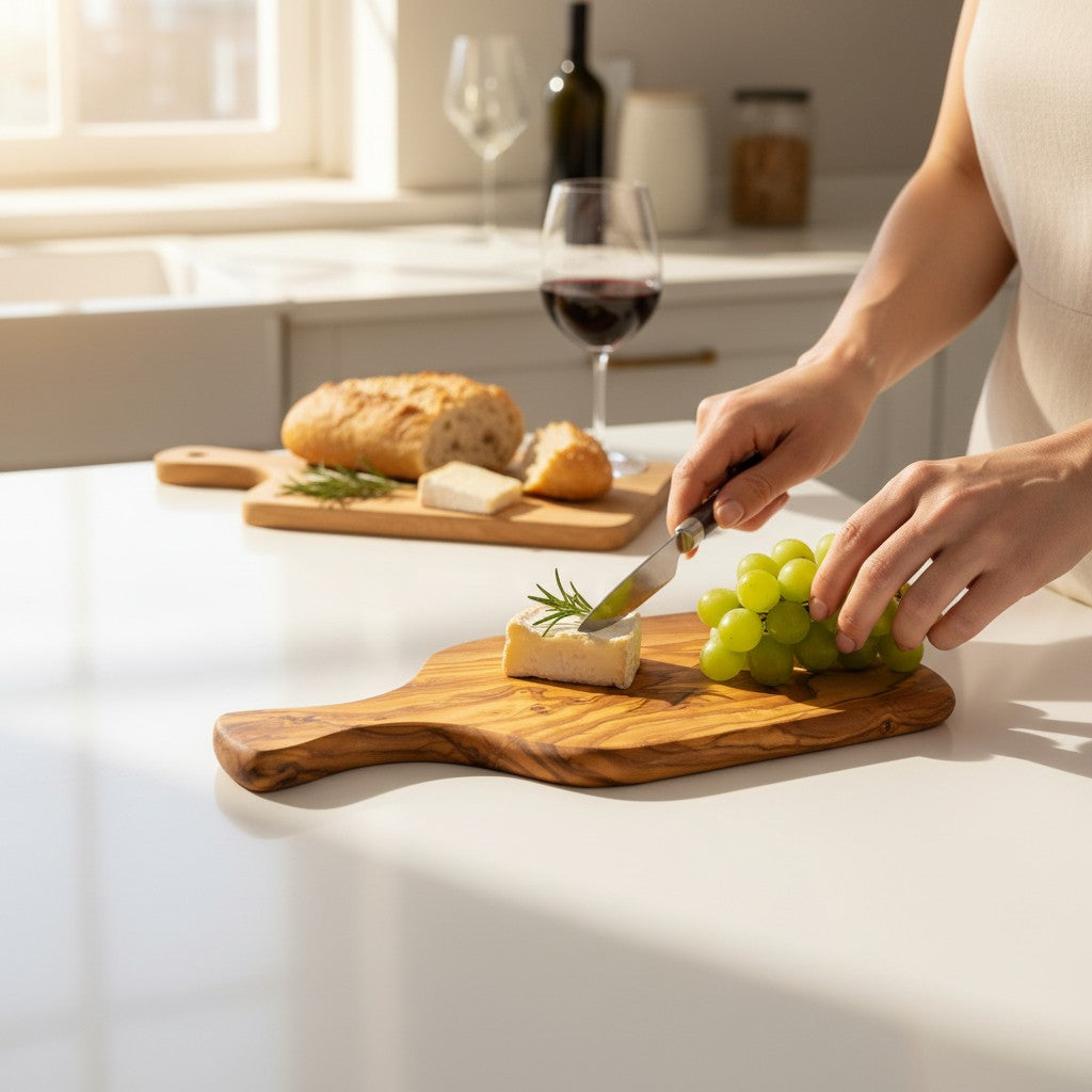 Handmade Olive Wood Paddle Cutting Board with Handle & Hanging Hole | Rustic Bread Herb Chopping & Serving Board | Natural Grain | 23–31 cm