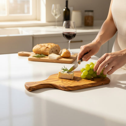 Handmade Olive Wood Paddle Cutting Board with Handle & Hanging Hole | Rustic Bread Herb Chopping & Serving Board | Natural Grain | 23–31 cm