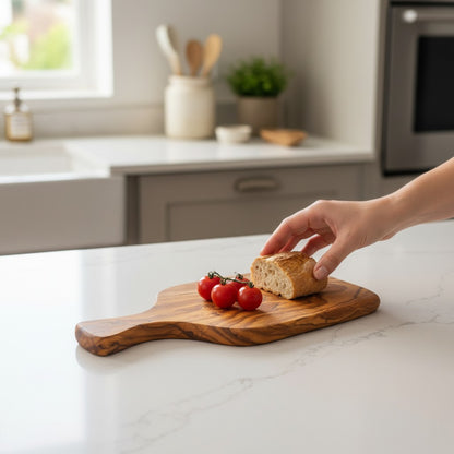 Handmade Olive Wood Paddle Cutting Board with Handle & Hanging Hole | Rustic Bread Herb Chopping & Serving Board | Natural Grain | 23–31 cm