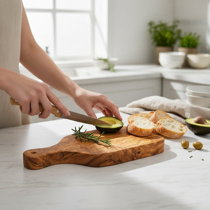 Handmade Olive Wood Paddle Cutting Board with Handle & Hanging Hole | Rustic Bread Herb Chopping & Serving Board | Natural Grain | 23–31 cm