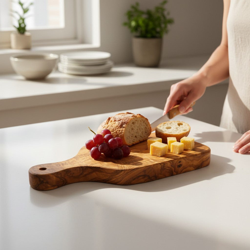 Handmade Olive Wood Paddle Cutting Board with Handle & Hanging Hole | Rustic Bread Herb Chopping & Serving Board | Natural Grain | 23–31 cm
