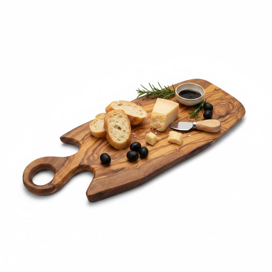Handmade Olive Wood Freeform Serving Board with Round Loop Handle | Live Edge Cheese Charcuterie & Antipasti Board | Unique Grain | 35–50 cm