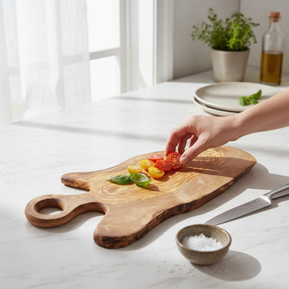 Handmade Olive Wood Freeform Serving Board with Round Loop Handle | Live Edge Cheese Charcuterie & Antipasti Board | Unique Grain | 35–50 cm