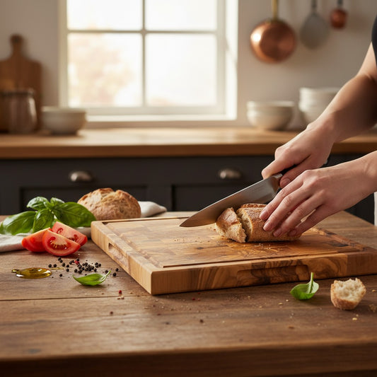 Handmade Square End Grain Olive Wood Chopping Board - Premium Butcher Block with Juice Groove & Side Handles