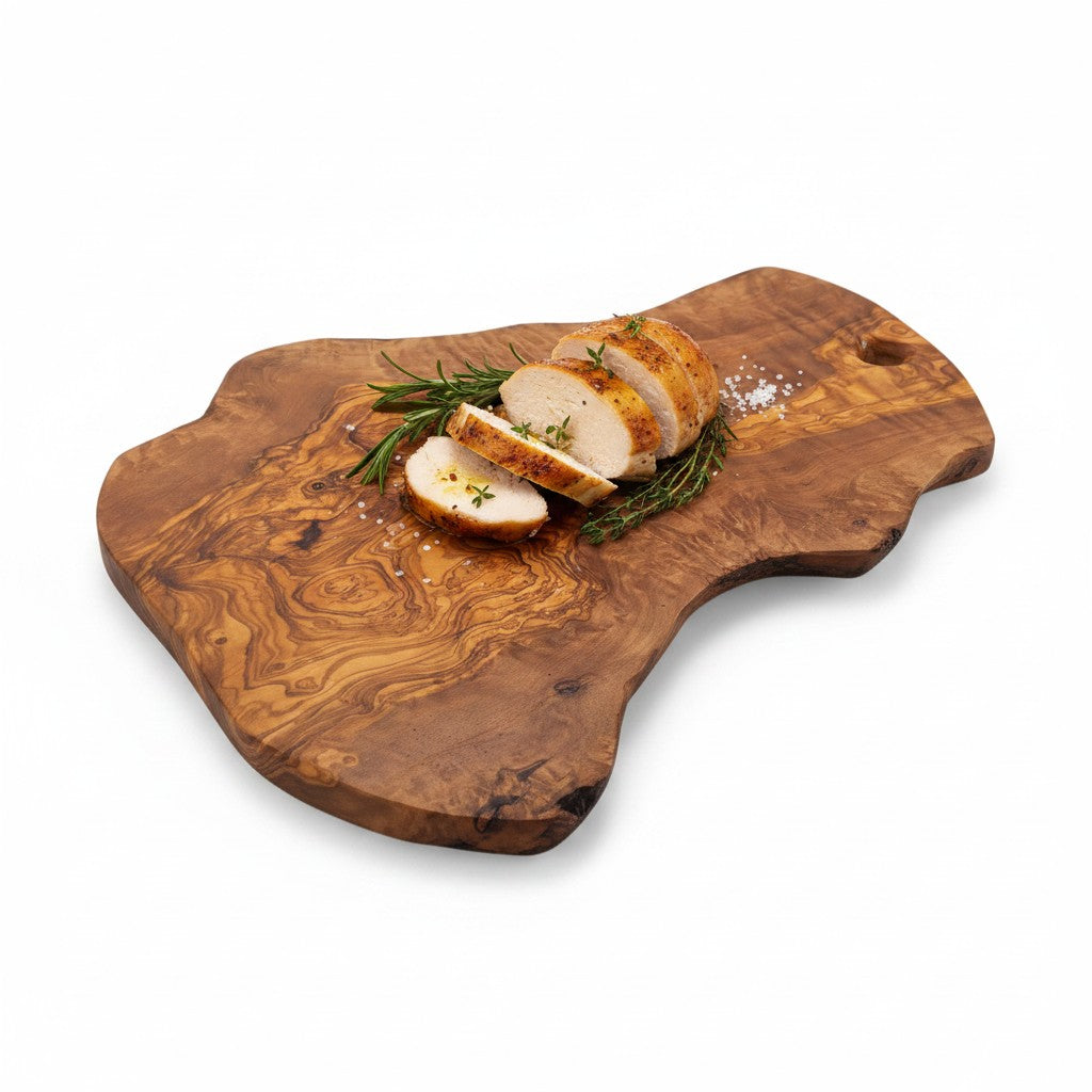Handmade Olive Wood Freeform Charcuterie Board with Hanging Hole | Live Bark Edge Cheese & Antipasti Serving Board | Unique Grain | 25–45 cm