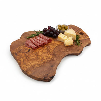Handmade Olive Wood Freeform Charcuterie Board with Hanging Hole | Live Bark Edge Cheese & Antipasti Serving Board | Unique Grain | 25–45 cm