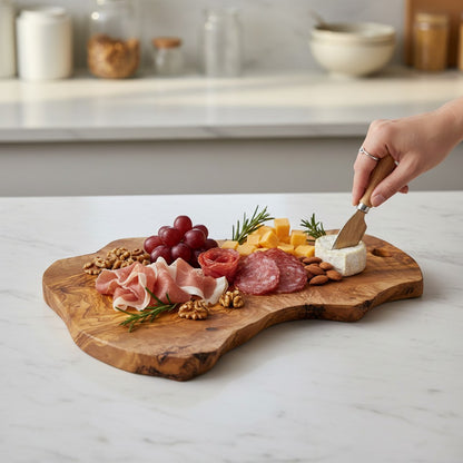 Handmade Olive Wood Freeform Charcuterie Board with Hanging Hole | Live Bark Edge Cheese & Antipasti Serving Board | Unique Grain | 25–45 cm