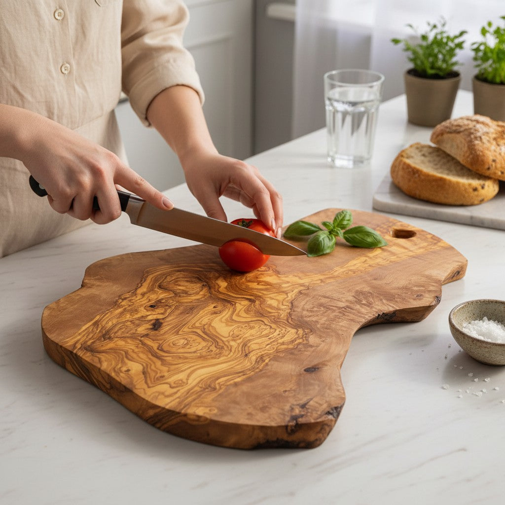 Handmade Olive Wood Freeform Charcuterie Board with Hanging Hole | Live Bark Edge Cheese & Antipasti Serving Board | Unique Grain | 25–45 cm