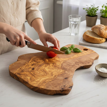 Handmade Olive Wood Freeform Charcuterie Board with Hanging Hole | Live Bark Edge Cheese & Antipasti Serving Board | Unique Grain | 25–45 cm