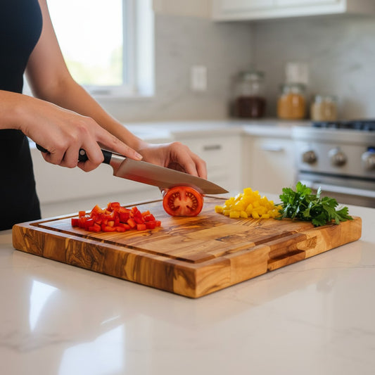 Handmade Square End Grain Olive Wood Chopping Board - Premium Butcher Block with Juice Groove & Side Handles