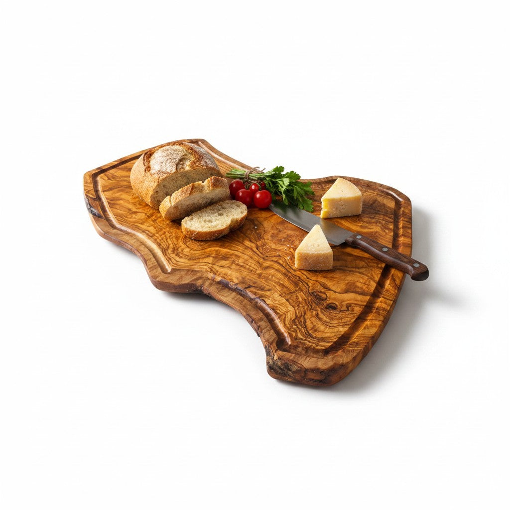 Handmade Olive Wood Rustic Freeform Cutting Board | Live Edge Meat & Charcuterie Serving Board | Antibacterial | 35–60 cm