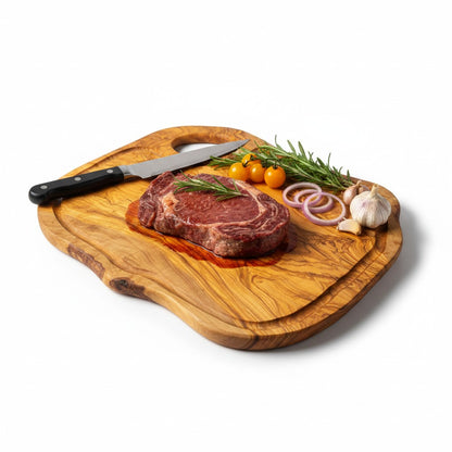 Handmade Olive Wood Burl Board with Handle & Juice Groove | Live Edge Freeform Charcuterie & Serving Board | Unique Grain | Multiple Sizes
