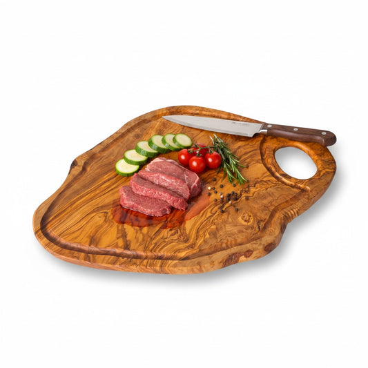 Handmade Olive Wood Burl Board with Handle & Juice Groove | Live Edge Freeform Charcuterie & Serving Board | Unique Grain | Multiple Sizes