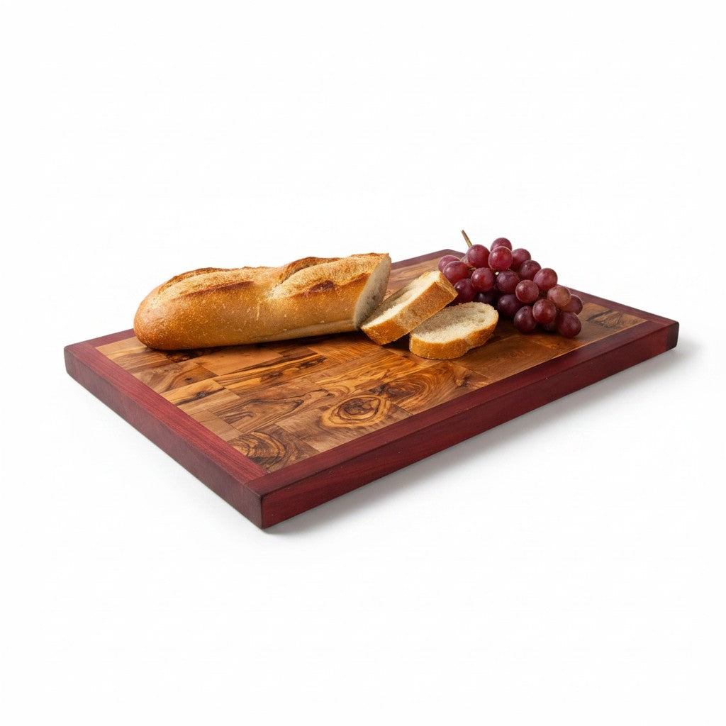 Professional End Grain Olive Wood Butcher Block with Exotic Red Wood Frame - Large 45cm Chopping Board