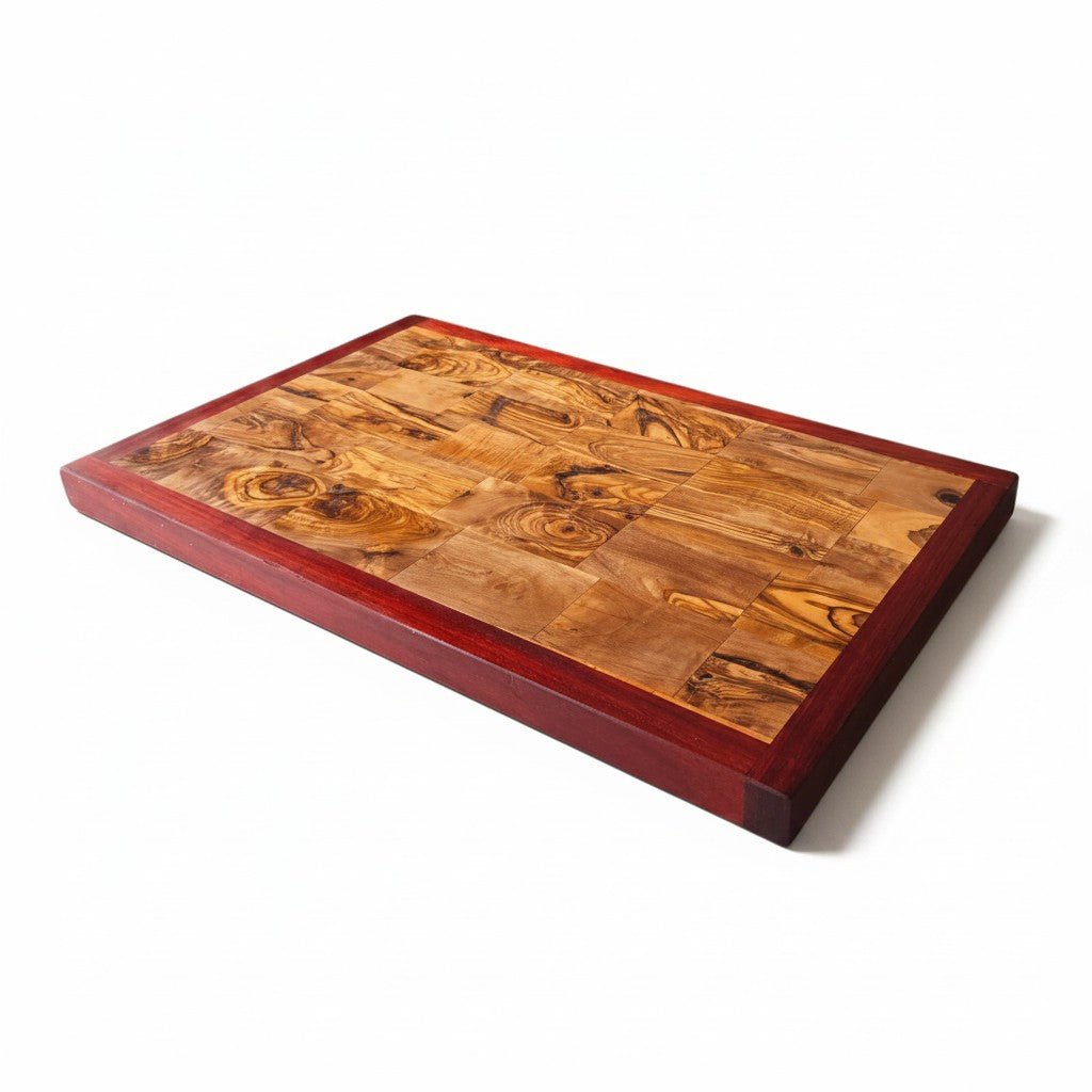 Professional End Grain Olive Wood Butcher Block with Exotic Red Wood Frame - Large 45cm Chopping Board