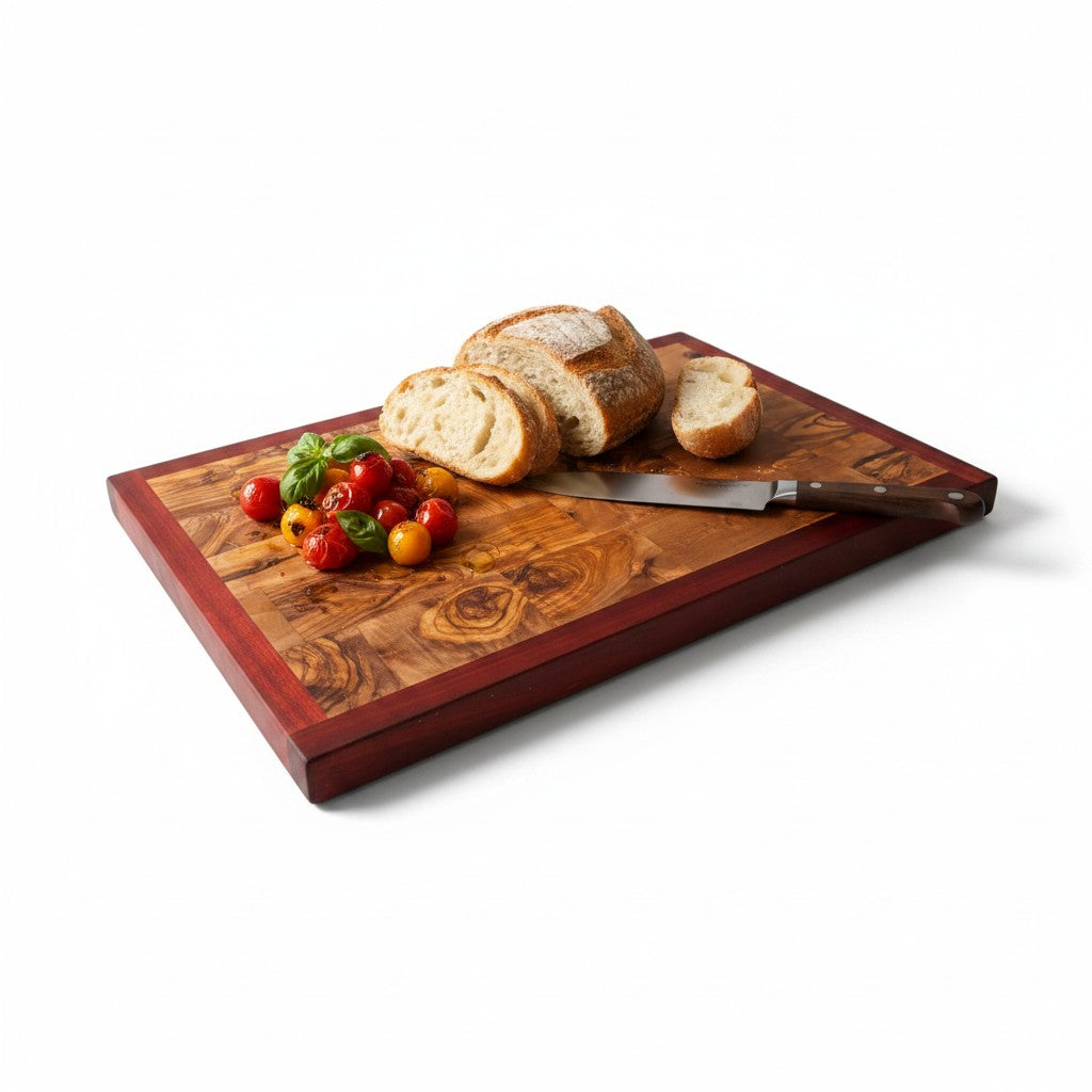 Professional End Grain Olive Wood Butcher Block with Exotic Red Wood Frame - Large 45cm Chopping Board