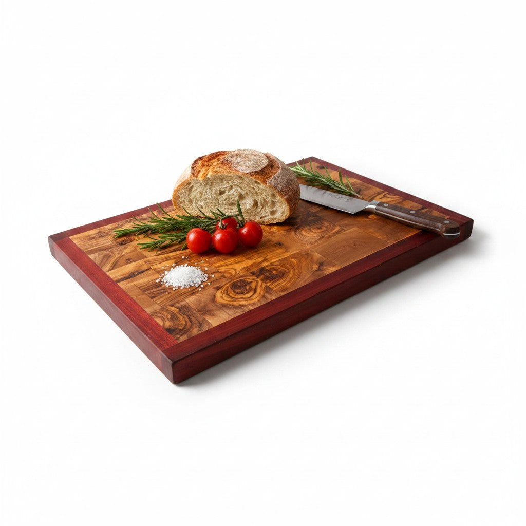 Professional End Grain Olive Wood Butcher Block with Exotic Red Wood Frame - Large 45cm Chopping Board
