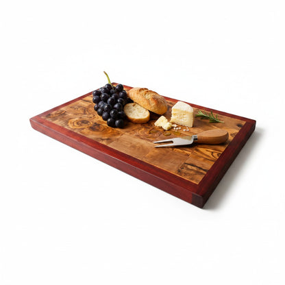 Professional End Grain Olive Wood Butcher Block with Exotic Red Wood Frame - Large 45cm Chopping Board