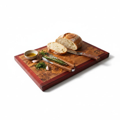 Professional End Grain Olive Wood Butcher Block with Exotic Red Wood Frame - Large 45cm Chopping Board