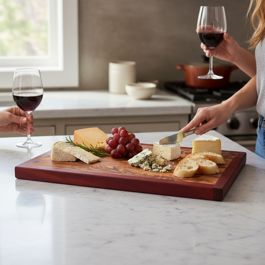 Professional End Grain Olive Wood Butcher Block with Exotic Red Wood Frame - Large 45cm Chopping Board