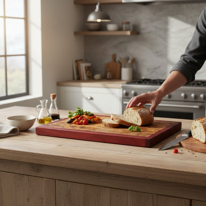 Professional End Grain Olive Wood Butcher Block with Exotic Red Wood Frame - Large 45cm Chopping Board