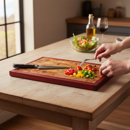 Professional End Grain Olive Wood Butcher Block with Exotic Red Wood Frame - Large 45cm Chopping Board