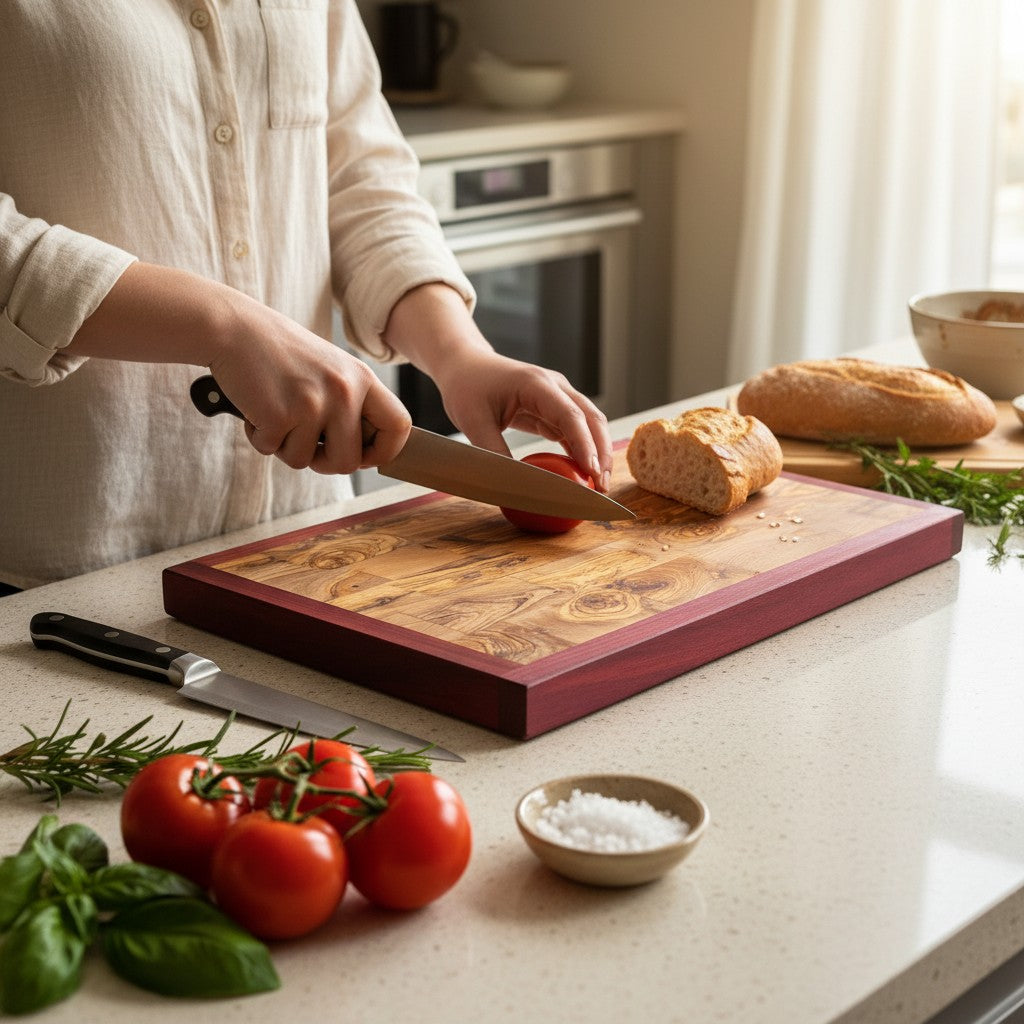 Professional End Grain Olive Wood Butcher Block with Exotic Red Wood Frame - Large 45cm Chopping Board