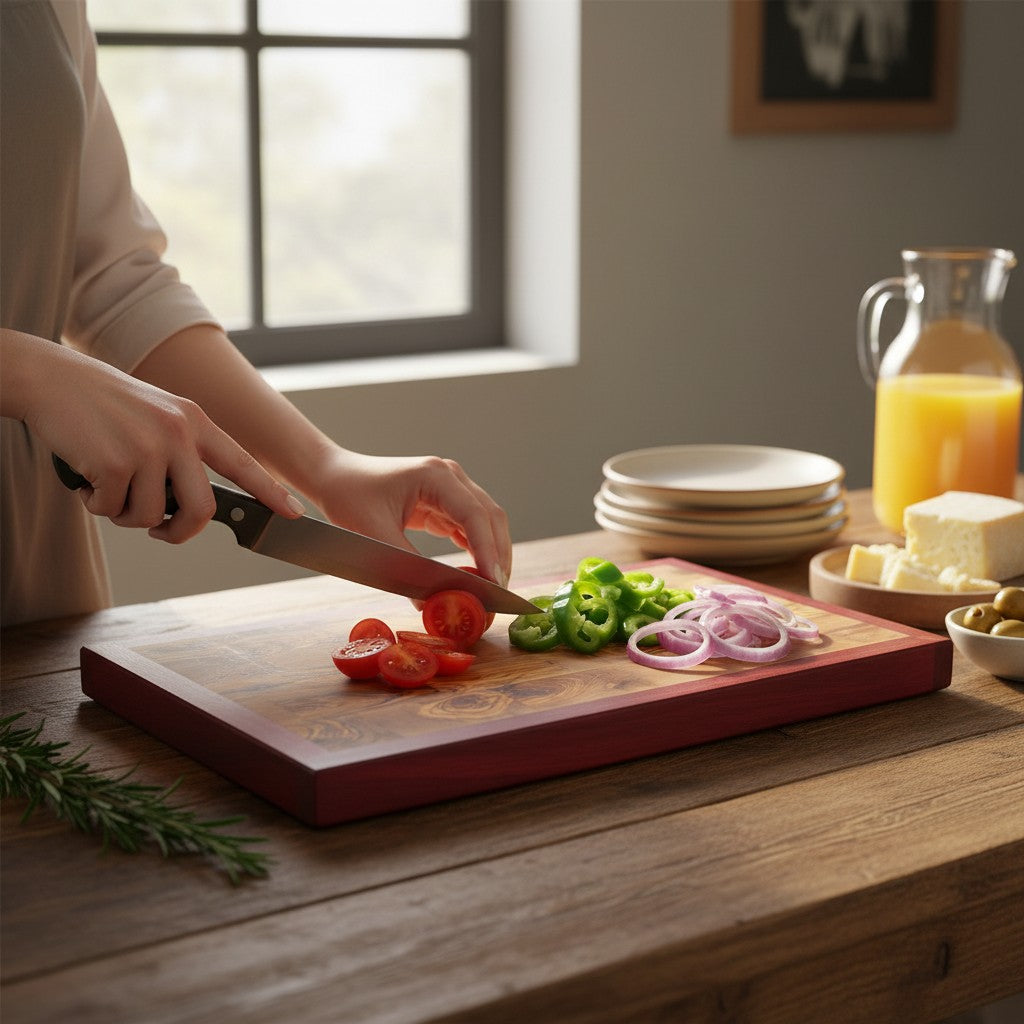 Professional End Grain Olive Wood Butcher Block with Exotic Red Wood Frame - Large 45cm Chopping Board